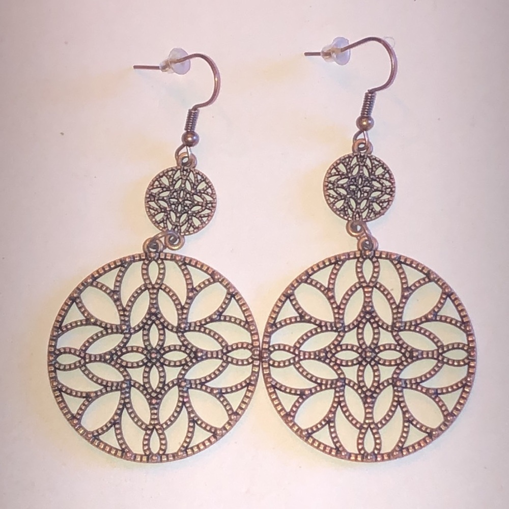 Copper Tone Filigree Round Drop Boho Earrings
